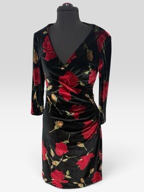 Moda International Black Velvet Wrap Midi Dress with Red Rose Print